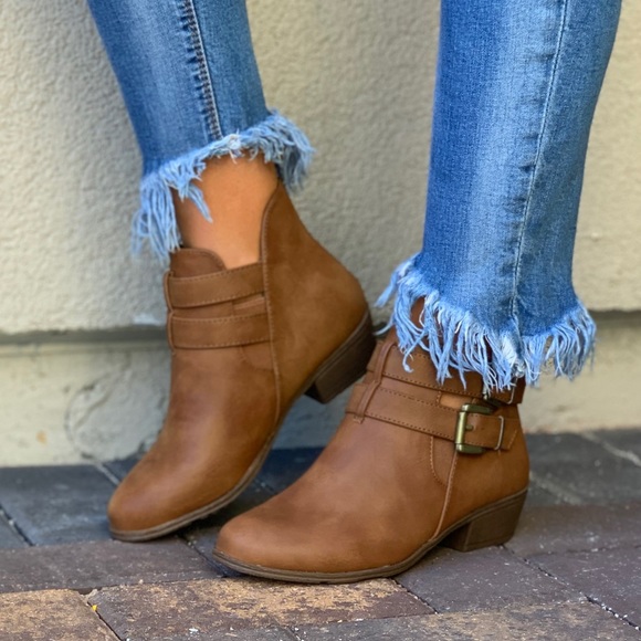 Tan Side Cut Out Cross Double Buckle Ankle Booties - Picture 2 of 8